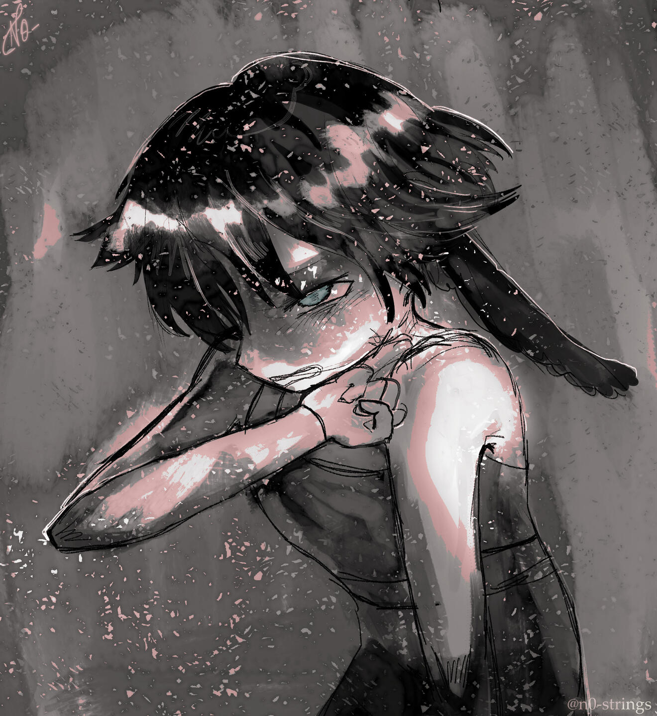 an almost-grayscale painting of a bunny girl